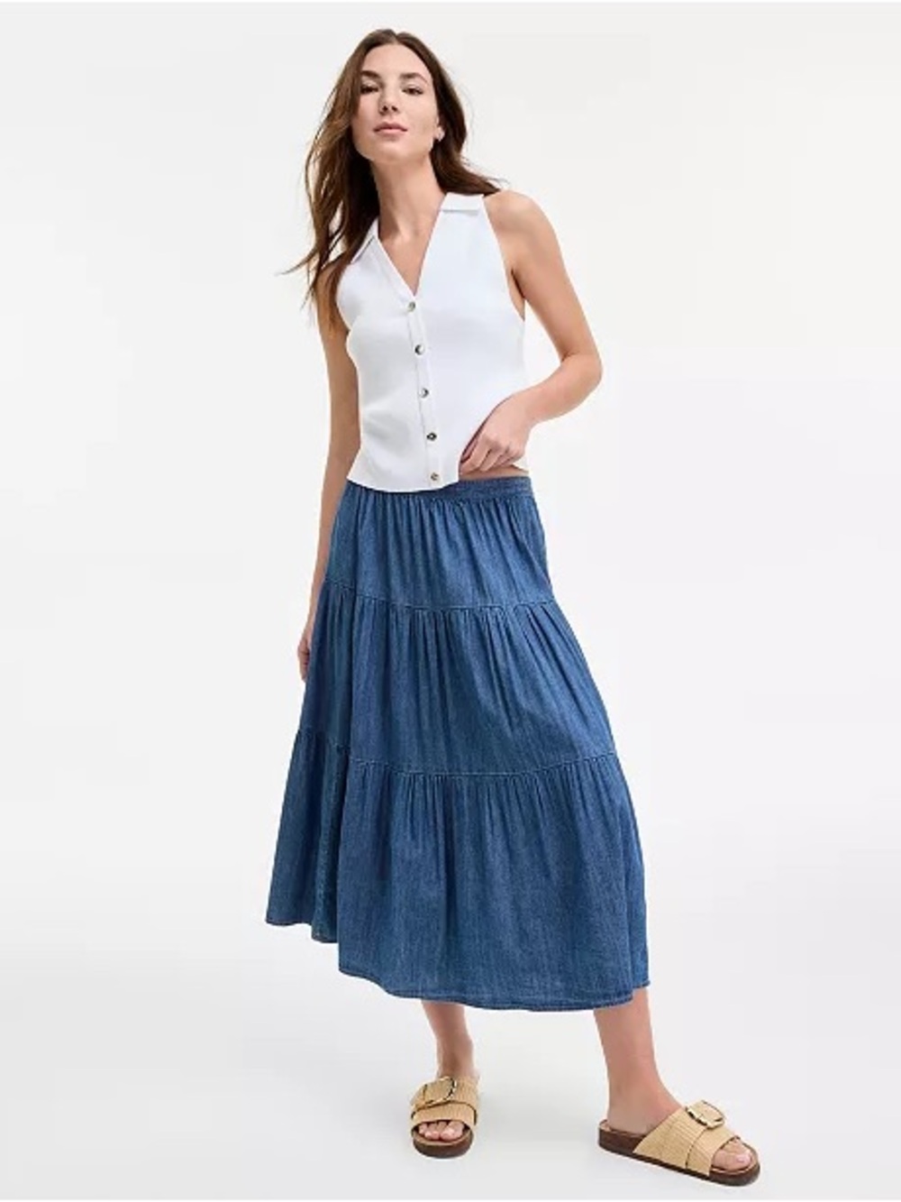 Nautica Chambray Tiered Maxi Skirt